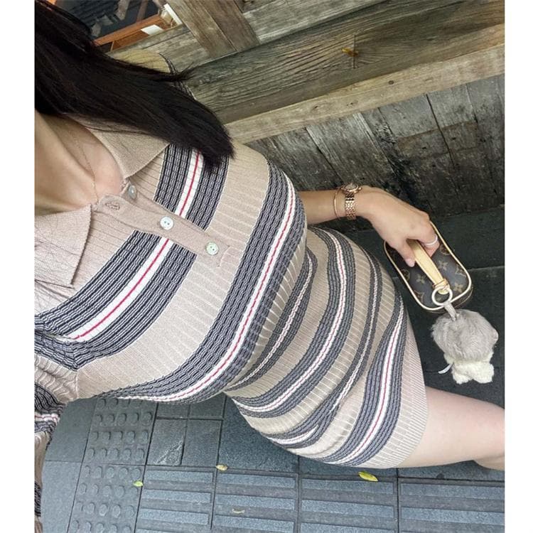 한국 동대문 새로운 품격 몸매 가꾸기 디스플레이 몸 폴로 칼라 스트라이프 다용도 타이트 스커트 반팔 니트 점프 슈트 미니 스커트 상세 이미지 8