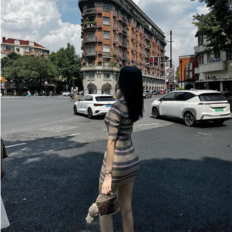 한국 동대문 새로운 품격 몸매 가꾸기 디스플레이 몸 폴로 칼라 스트라이프 다용도 타이트 스커트 반팔 니트 점프 슈트 미니 스커트 상세 이미지 12