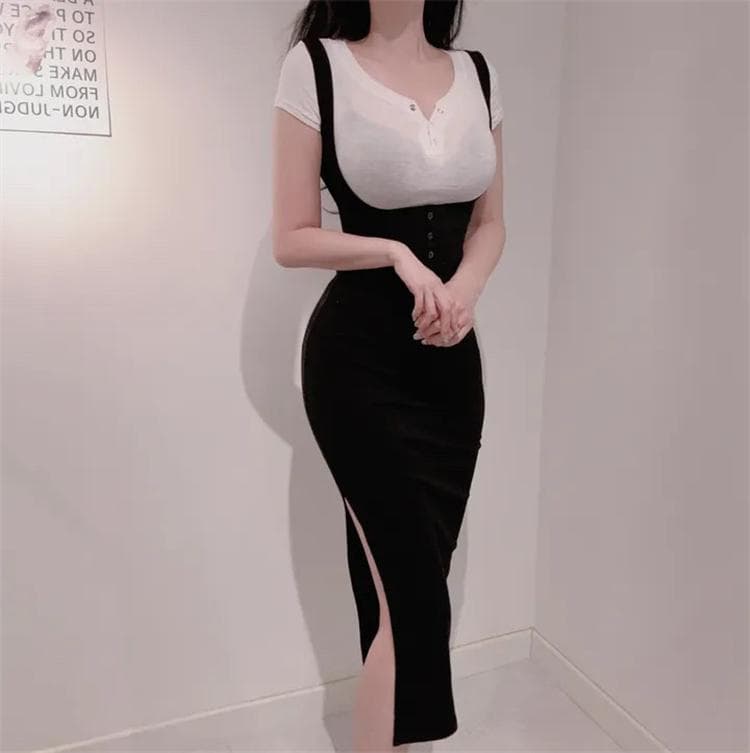 한국 동대문 새로운 품격 순수한 욕망 멜빵 스커트 몸매 가꾸기 디스플레이 몸 다용도 중간 길이 트임 타이트 스커트 여성 상세 이미지 5