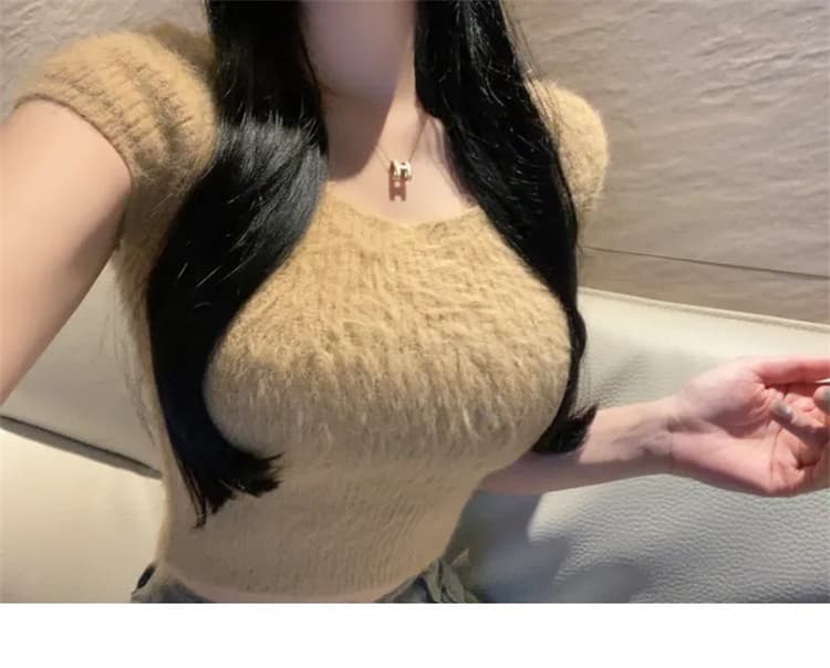 한국 동대문 새로운 품격 플리스 플러시 광장 칼라 몸매 가꾸기 디스플레이 몸 쇼트 스타일 다용도 반팔 니트 스웨터 티셔츠 상세 이미지 7