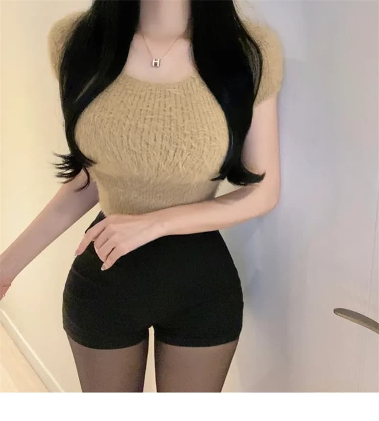 한국 동대문 새로운 품격 플리스 플러시 광장 칼라 몸매 가꾸기 디스플레이 몸 쇼트 스타일 다용도 반팔 니트 스웨터 티셔츠 상세 이미지 9