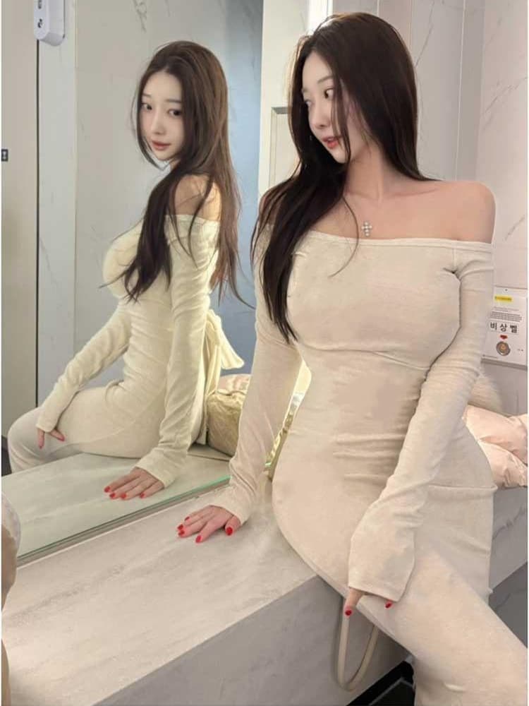 한국 동대문 새로운 품격 몸매 가꾸기 디스플레이 몸 보트넥 오프숄더 허리 수축 스트랩 롱 코트 타이트 스커트 드레스 상세 이미지 2