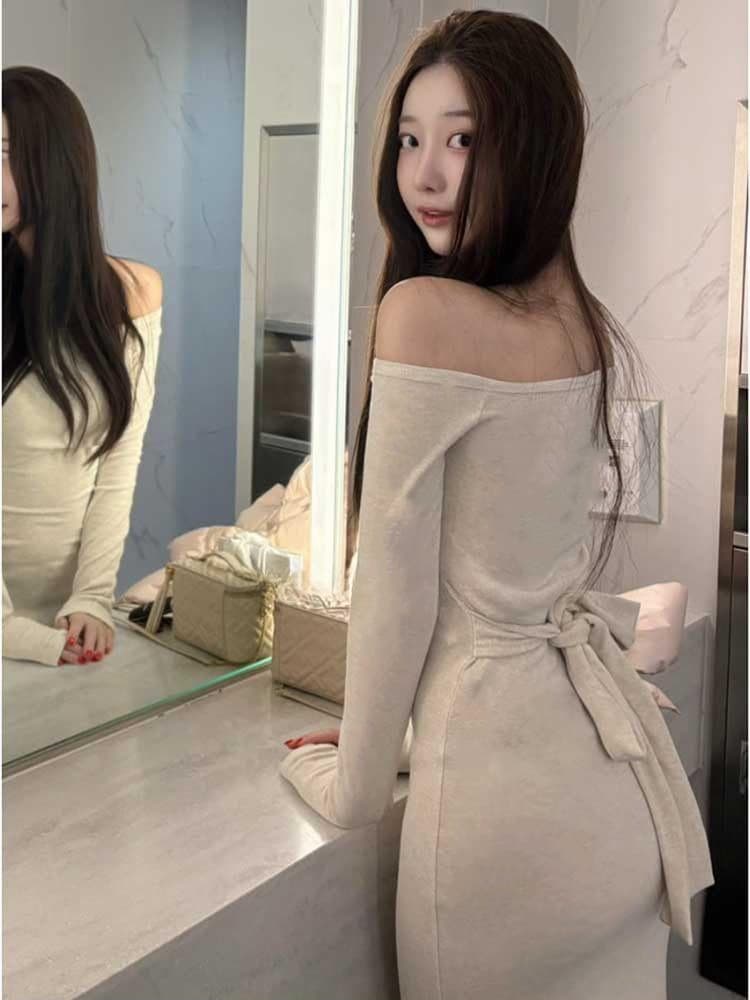 한국 동대문 새로운 품격 몸매 가꾸기 디스플레이 몸 보트넥 오프숄더 허리 수축 스트랩 롱 코트 타이트 스커트 드레스 상세 이미지 4