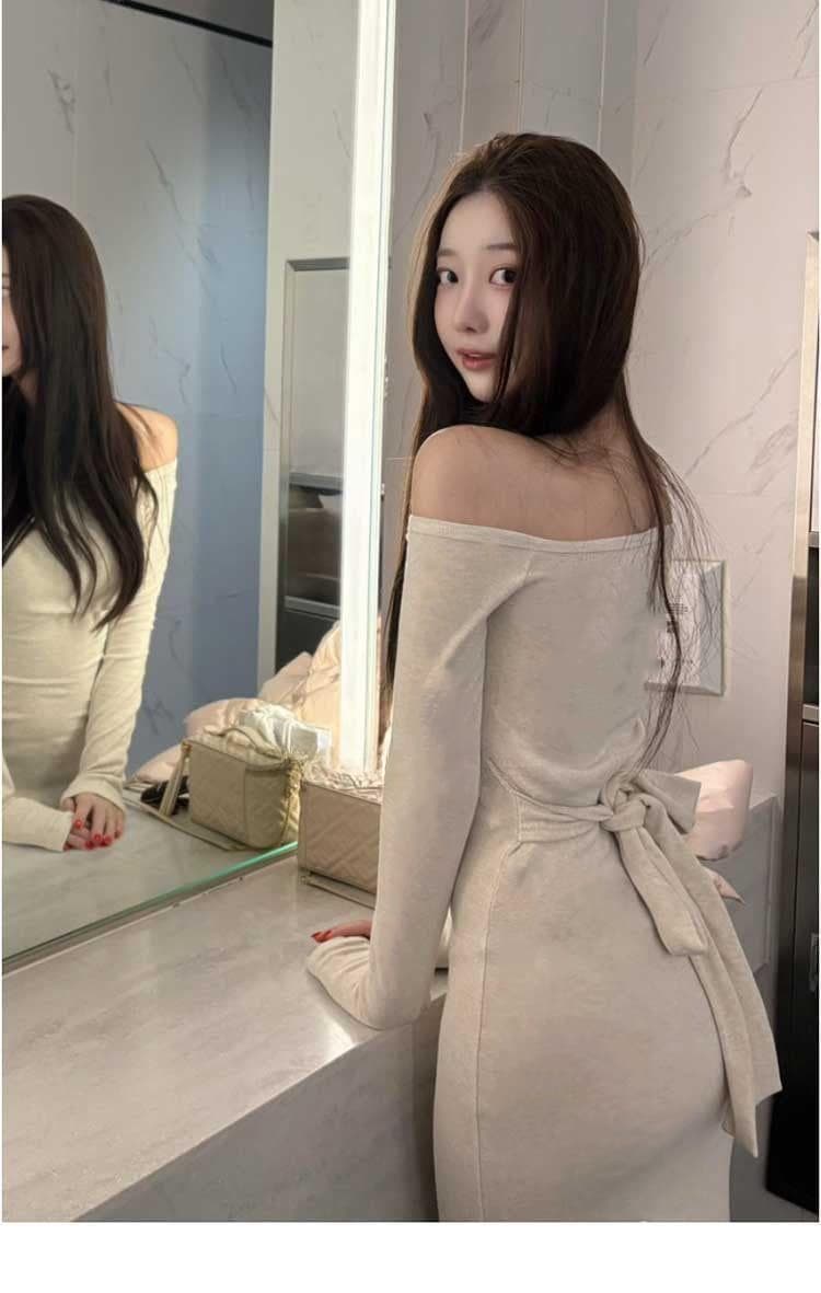 한국 동대문 새로운 품격 몸매 가꾸기 디스플레이 몸 보트넥 오프숄더 허리 수축 스트랩 롱 코트 타이트 스커트 드레스 상세 이미지 7