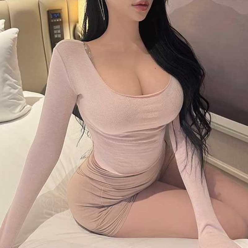 한국 동대문 봄 여름 새로운 품격 모달 몸매 가꾸기 디스플레이 몸 대 u 칼라 쇼트 스타일 이슬 허리 긴팔 티셔츠 여성 이미지 3
