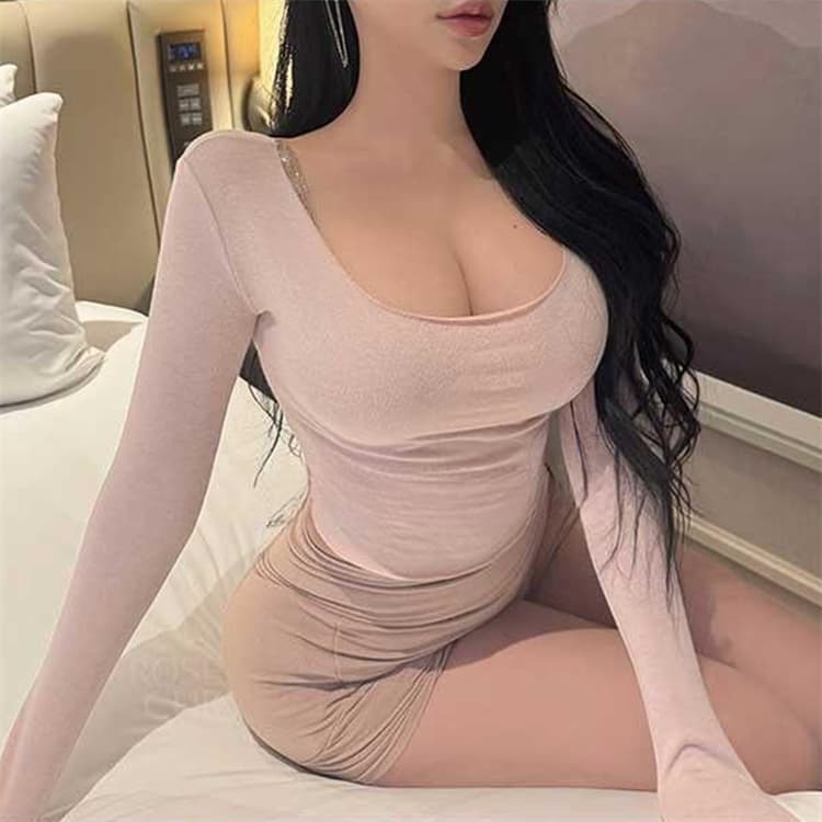 한국 동대문 봄 여름 새로운 품격 모달 몸매 가꾸기 디스플레이 몸 대 u 칼라 쇼트 스타일 이슬 허리 긴팔 티셔츠 여성 상세 이미지 4