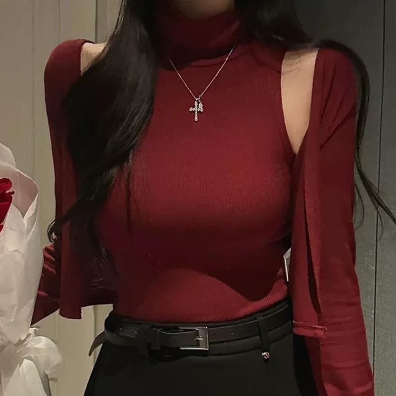 한국 동대문 봄 여름 새로운 품격 몸매 가꾸기 디스플레이 몸 터틀넥 민소매 티셔츠 긴팔 오픈 가디건 두 조각 여성 세트