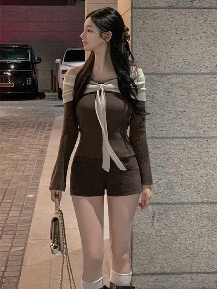 한국 봄 드레스 새로운 품격 오프숄더 송 지혜 우아한 같은 단락 나비 넥타이 긴팔 패치워크 색상 니트 스웨터 티셔츠 이미지 3