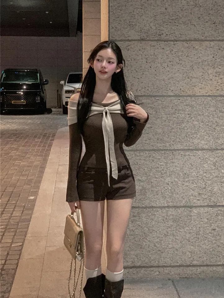 한국 봄 드레스 새로운 품격 오프숄더 송 지혜 우아한 같은 단락 나비 넥타이 긴팔 패치워크 색상 니트 스웨터 티셔츠 상세 이미지 4