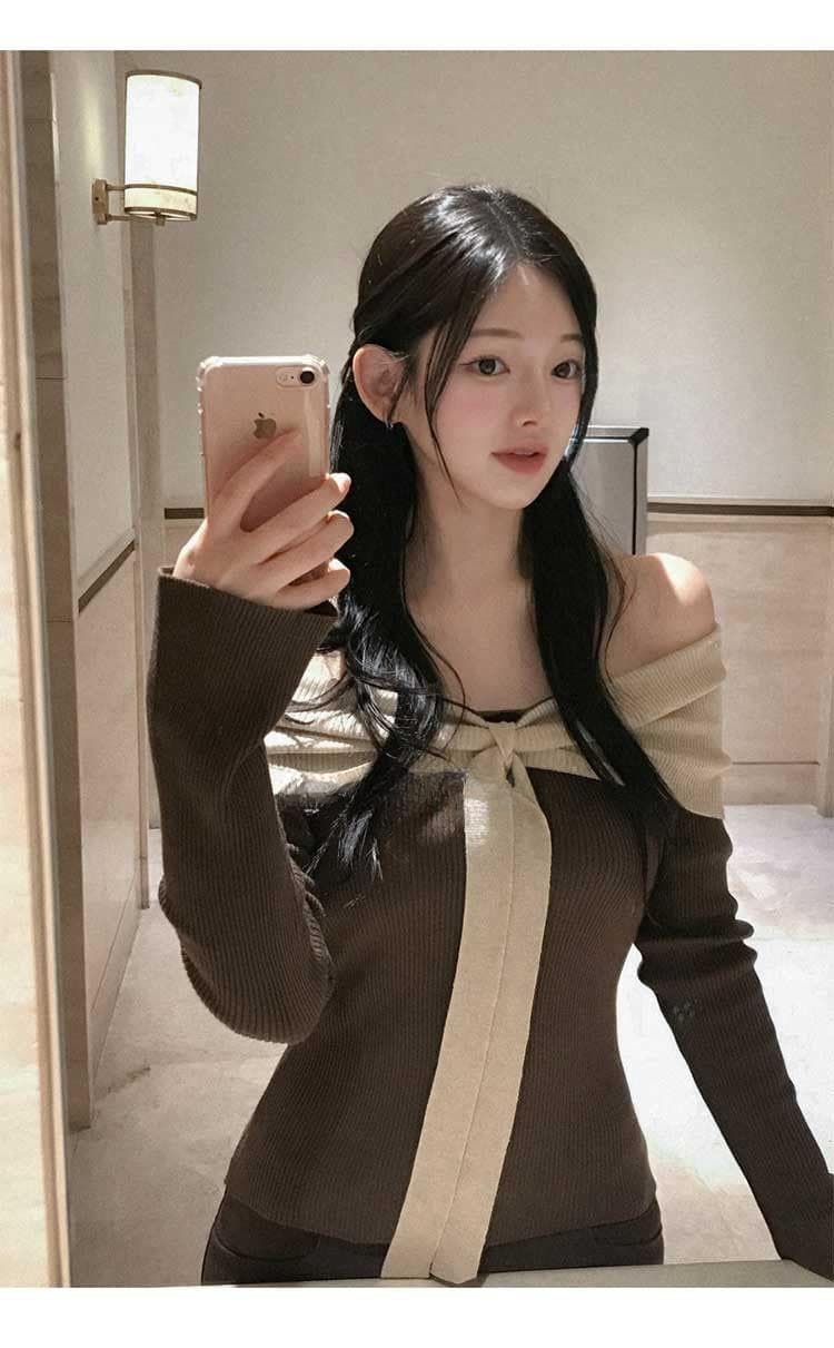 한국 봄 드레스 새로운 품격 오프숄더 송 지혜 우아한 같은 단락 나비 넥타이 긴팔 패치워크 색상 니트 스웨터 티셔츠 상세 이미지 8