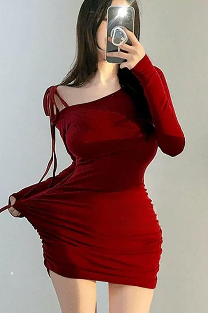 한국 동대문 새로운 품격 몸매 가꾸기 비스듬한 칼라 오프숄더 디스플레이 몸 레이스업 허리 수축 주름 타이트 스커트 점프 슈트 미니 스커트 이미지 6