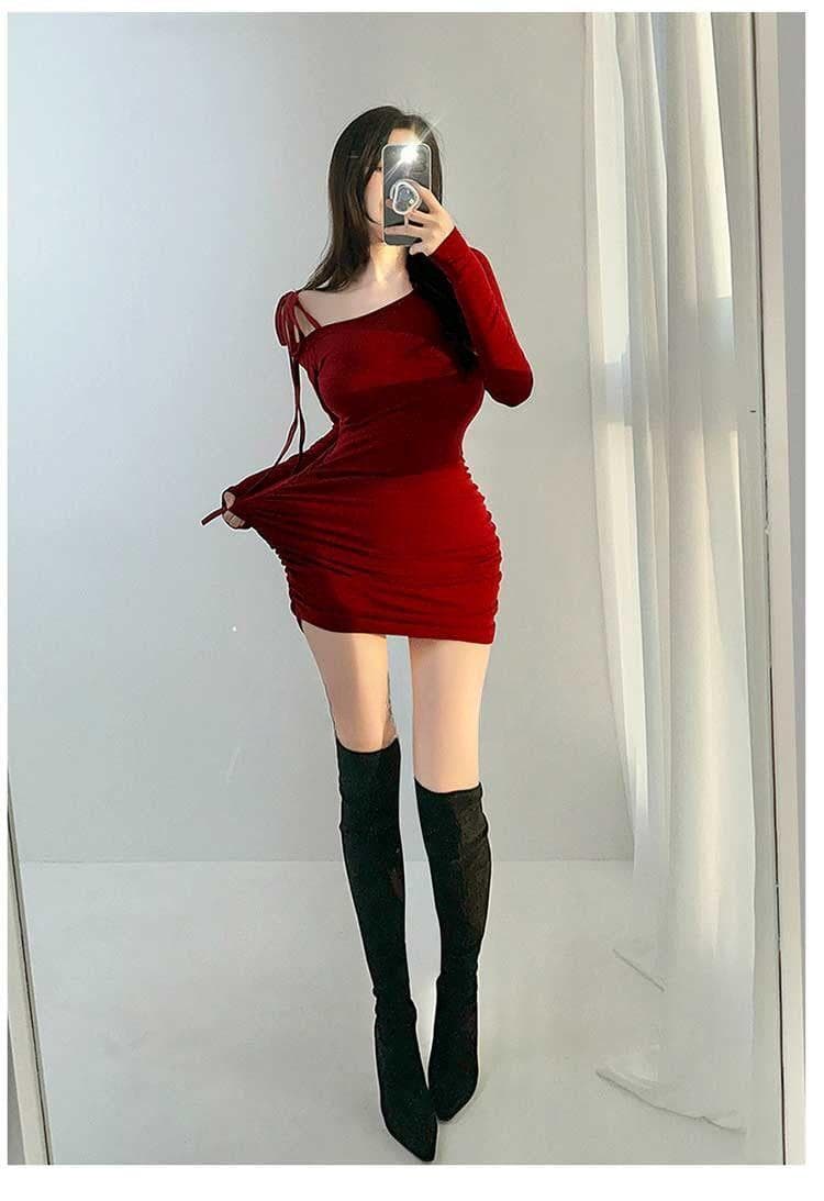 한국 동대문 새로운 품격 몸매 가꾸기 비스듬한 칼라 오프숄더 디스플레이 몸 레이스업 허리 수축 주름 타이트 스커트 점프 슈트 미니 스커트 상세 이미지 5
