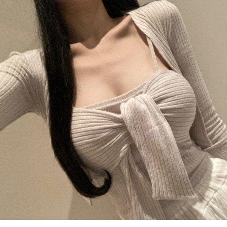 한국 동대문 새로운 품격 몸매 가꾸기 순수한 욕망 바람 고급 센스 나사 매듭 슬립 쇼트 스타일 긴팔 오픈 가디건 투피스 세트 상세 이미지 6