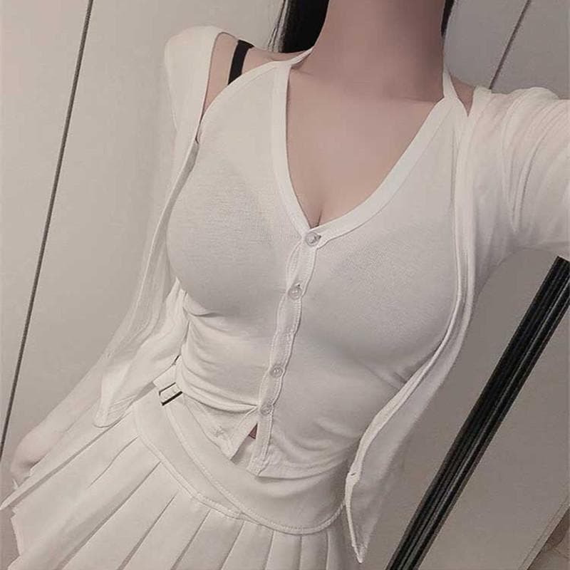 한국 동대문 새로운 품격 몸매 가꾸기 디스플레이 몸 행침 목 V넥 단추 페이크 레이어드 다용도 긴팔 오픈 가디건 티셔츠