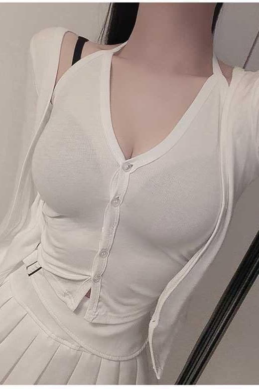 한국 동대문 새로운 품격 몸매 가꾸기 디스플레이 몸 행침 목 V넥 단추 페이크 레이어드 다용도 긴팔 오픈 가디건 티셔츠 이미지 6