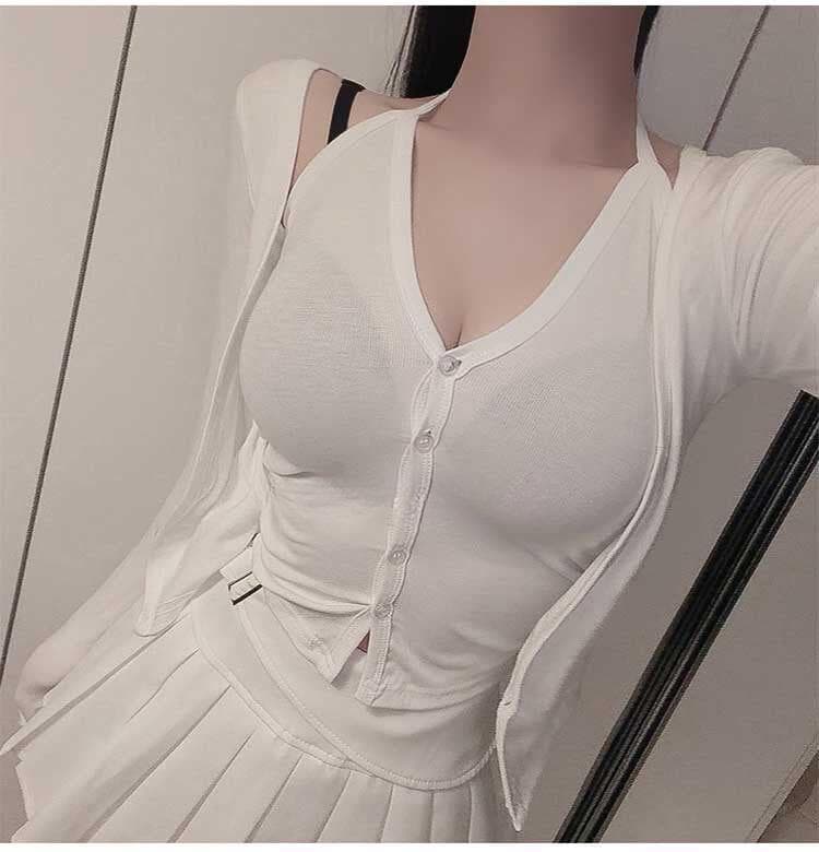한국 동대문 새로운 품격 몸매 가꾸기 디스플레이 몸 행침 목 V넥 단추 페이크 레이어드 다용도 긴팔 오픈 가디건 티셔츠 상세 이미지 2