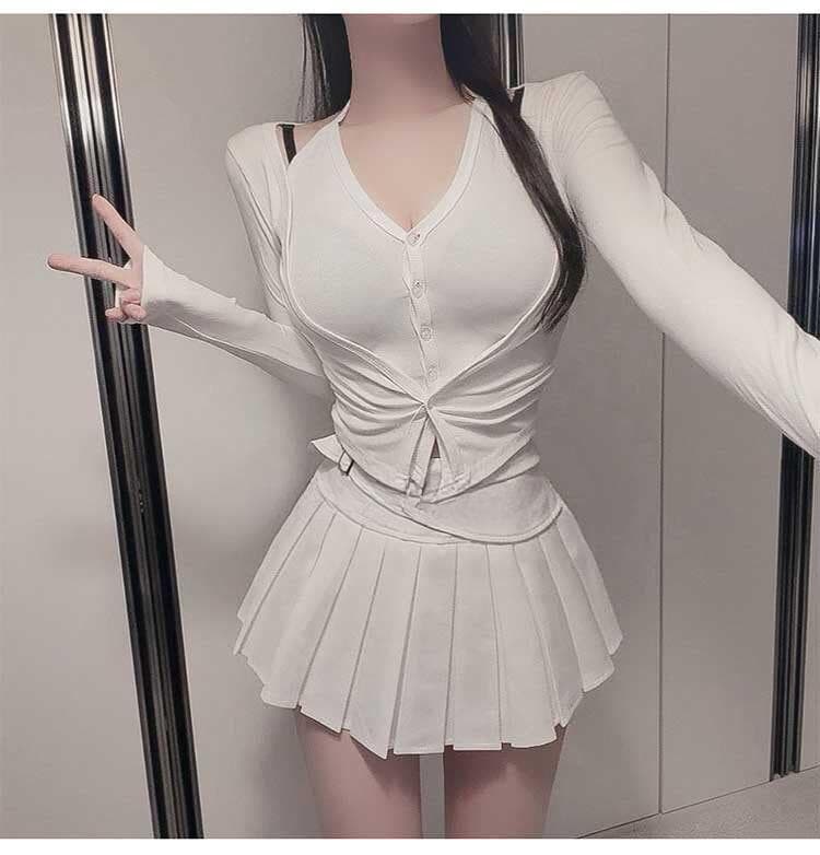 한국 동대문 새로운 품격 몸매 가꾸기 디스플레이 몸 행침 목 V넥 단추 페이크 레이어드 다용도 긴팔 오픈 가디건 티셔츠 상세 이미지 3