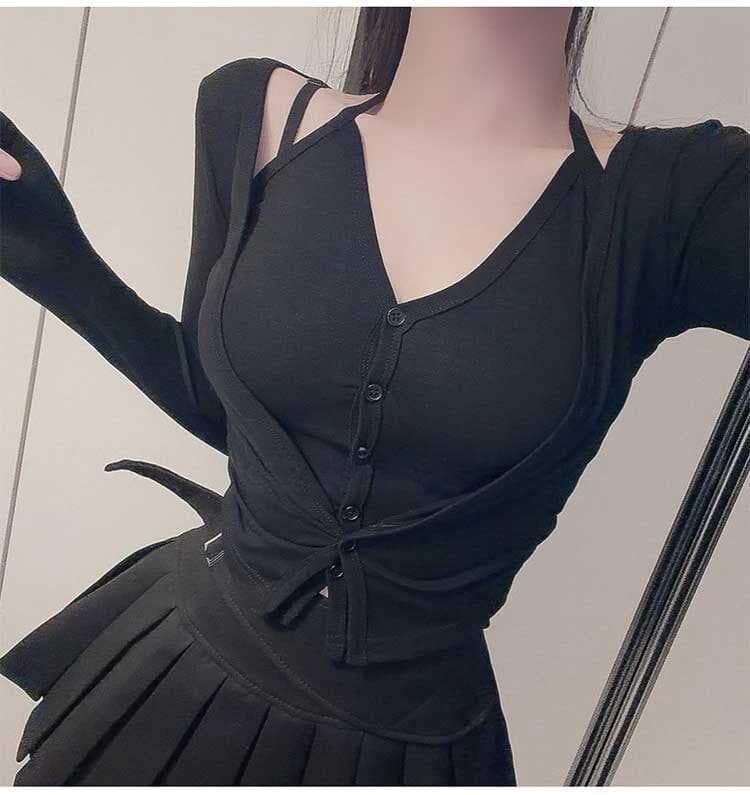 한국 동대문 새로운 품격 몸매 가꾸기 디스플레이 몸 행침 목 V넥 단추 페이크 레이어드 다용도 긴팔 오픈 가디건 티셔츠 상세 이미지 14