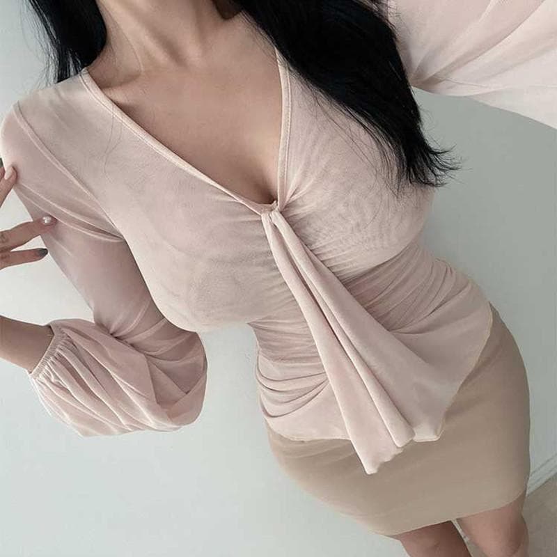 한국 동대문 새로운 품격 디자인 센스 리본 거품 소매 몸매 가꾸기 디스플레이 몸 망사 긴팔 티셔츠 여성 이미지 4