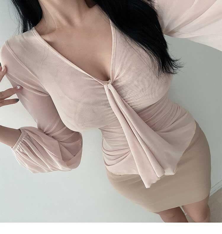 한국 동대문 새로운 품격 디자인 센스 리본 거품 소매 몸매 가꾸기 디스플레이 몸 망사 긴팔 티셔츠 여성 상세 이미지 3