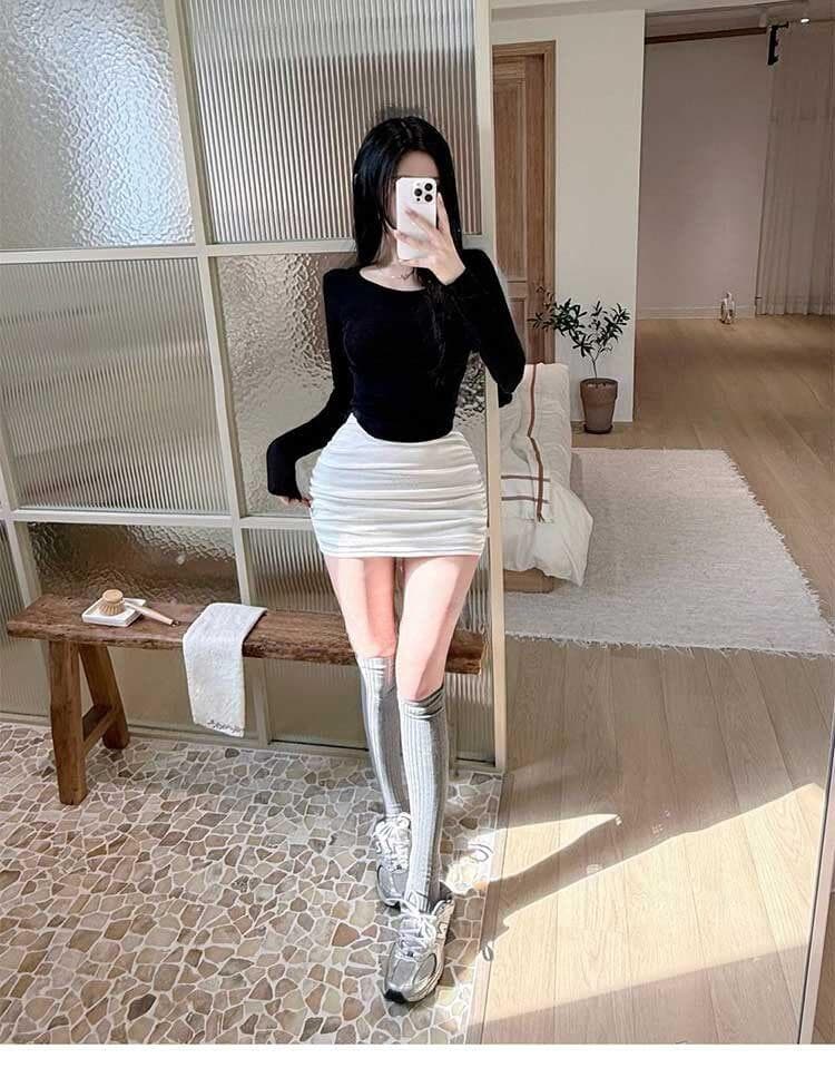 한국 동대문 새로운 품격 몸매 가꾸기 슬림해 보이는 하이웨이스트 주름 얇은 스타일 디스플레이 몸 다용도 타이트 스커트 반신 미니 스커트 상세 이미지 5