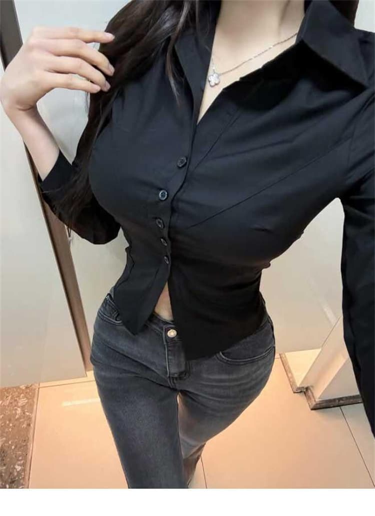 한국 동대문 새로운 품격 몸매 가꾸기 디스플레이 몸 polo 폴로 칼라 허리 수축 다용도 ol 바람 긴팔 셔츠 티셔츠 상세 이미지 11