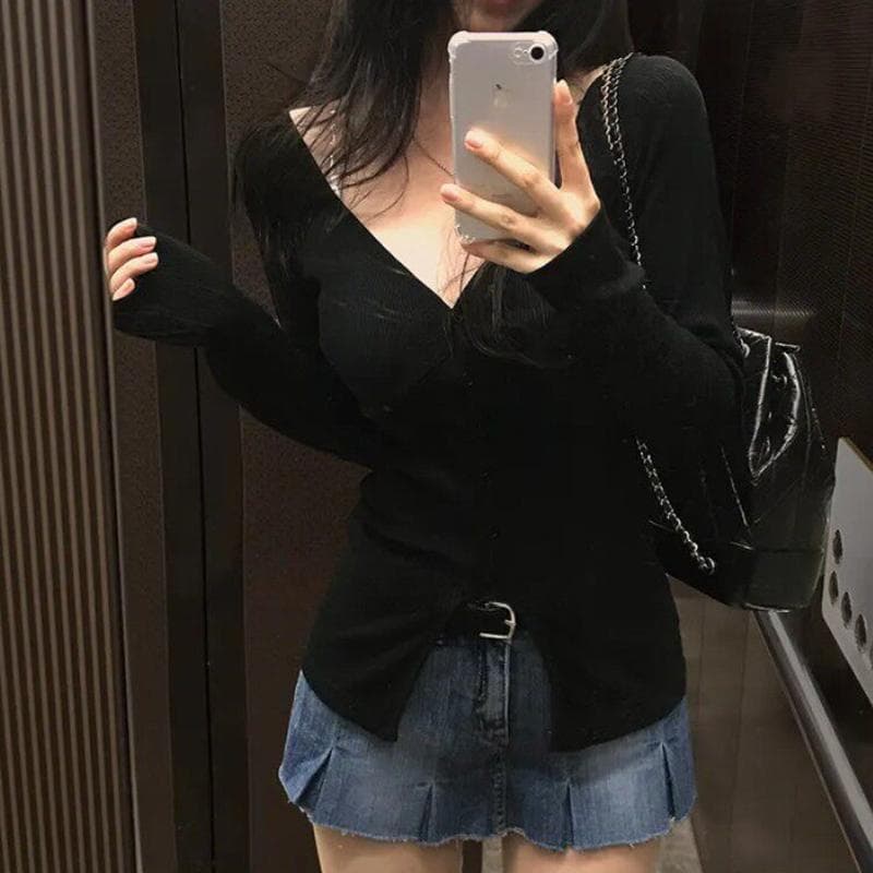 한국 동대문 새로운 품격 몸매 가꾸기 V넥 디스플레이 몸 얇은 스타일 마이크로 ~을 통해 트임 다용도 긴팔 오픈 가디건 티셔츠 여성 이미지 4