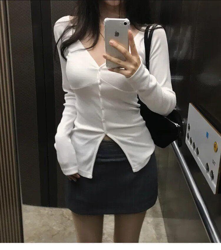 한국 동대문 새로운 품격 몸매 가꾸기 V넥 디스플레이 몸 얇은 스타일 마이크로 ~을 통해 트임 다용도 긴팔 오픈 가디건 티셔츠 여성 상세 이미지 2
