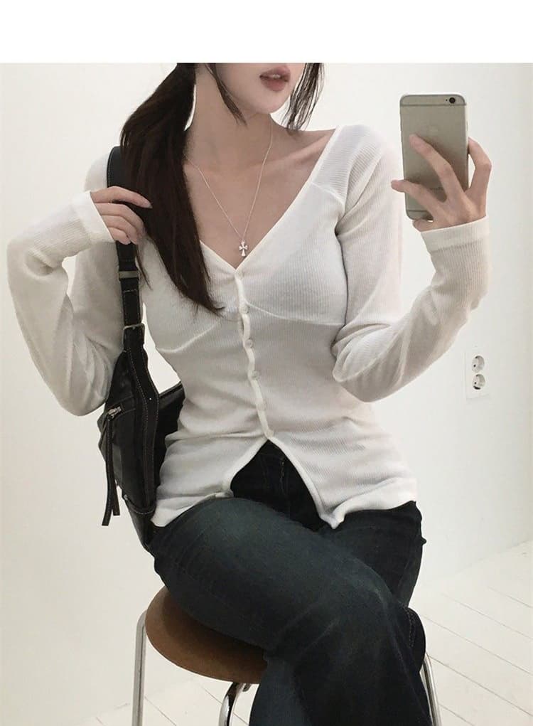 한국 동대문 새로운 품격 몸매 가꾸기 V넥 부서 버클 단색 다용도 디스플레이 몸 슬림해 보이는 긴팔 오픈 가디건 티셔츠 여성 상세 이미지 8