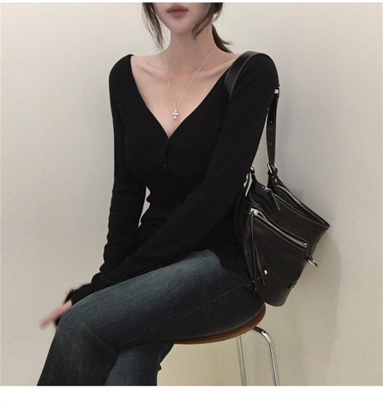 한국 동대문 새로운 품격 몸매 가꾸기 V넥 부서 버클 단색 다용도 디스플레이 몸 슬림해 보이는 긴팔 오픈 가디건 티셔츠 여성 상세 이미지 13
