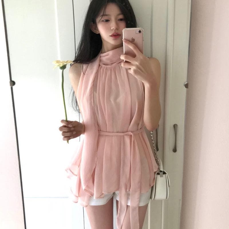 한국 동대문 새로운 디자인 센스 품격 부드러운 달콤함 리본 쉬폰 행침 목 허리 수축 스트랩 쉬폰 티셔츠 이미지 2