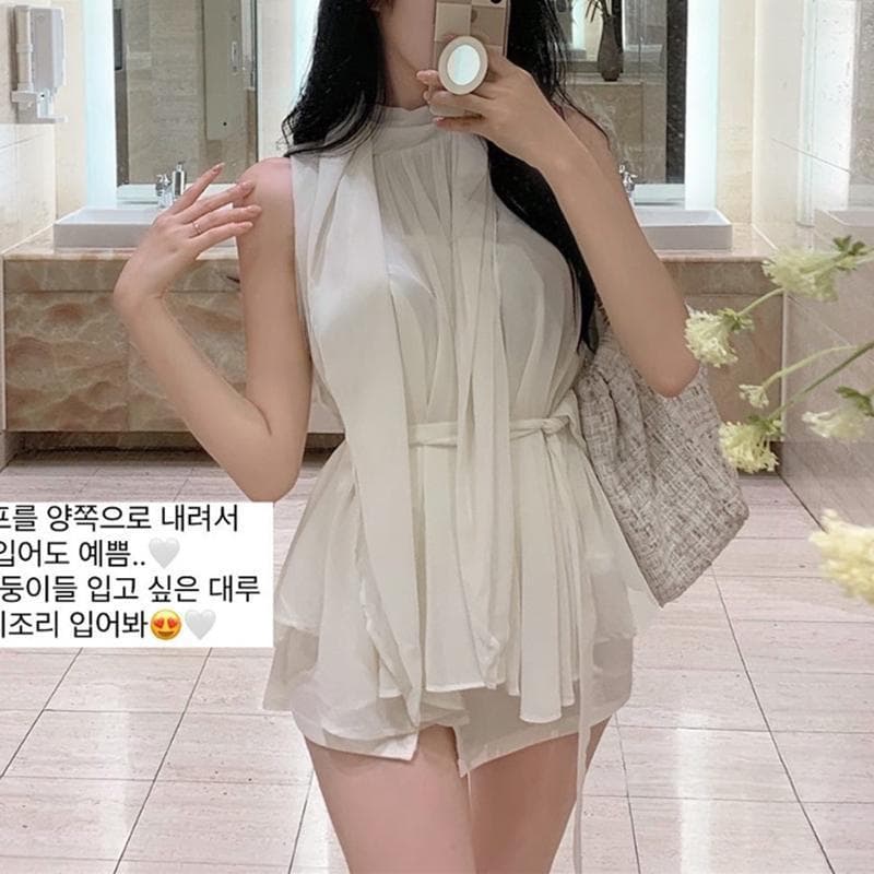 한국 동대문 새로운 디자인 센스 품격 부드러운 달콤함 리본 쉬폰 행침 목 허리 수축 스트랩 쉬폰 티셔츠 이미지 4