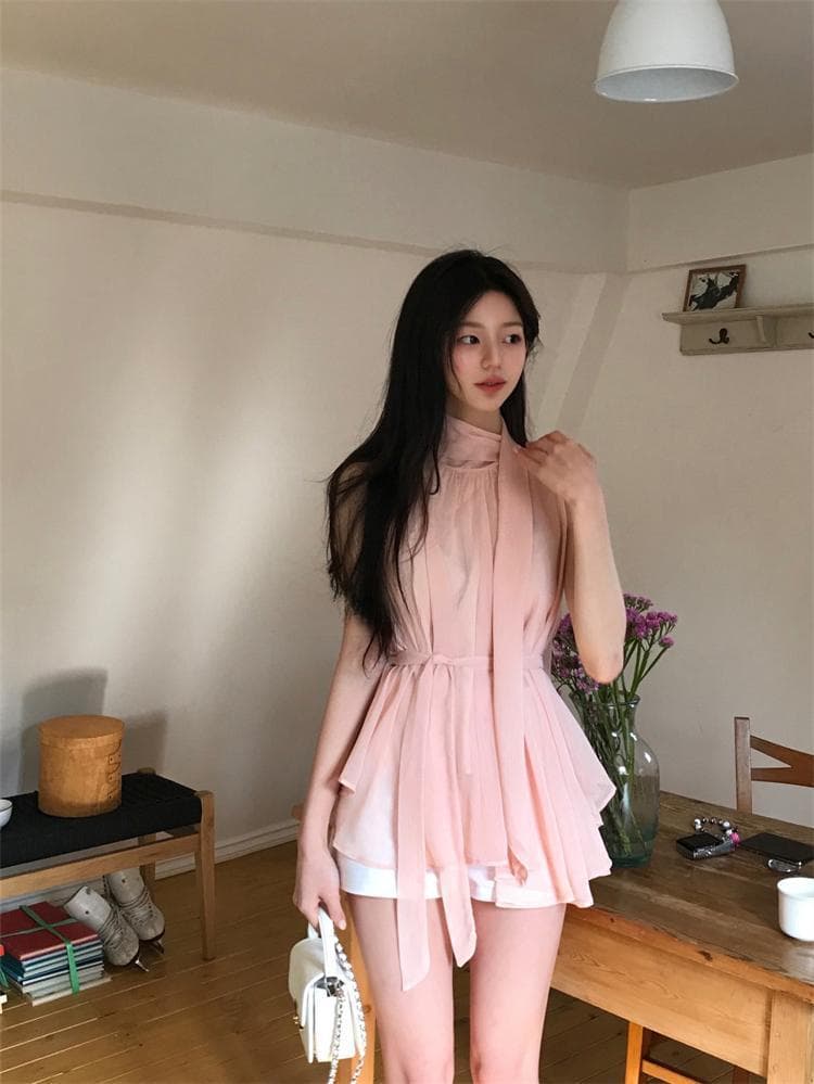 한국 동대문 새로운 디자인 센스 품격 부드러운 달콤함 리본 쉬폰 행침 목 허리 수축 스트랩 쉬폰 티셔츠 상세 이미지 18