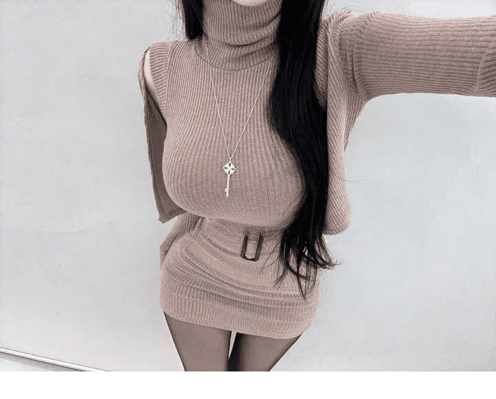 한국 동대문 새로운 품격 몸매 가꾸기 터틀넥 허리 수축 디스플레이 몸 타이트 스커트 드레스 긴팔 오픈 가디건 투피스 세트 상세 이미지 1