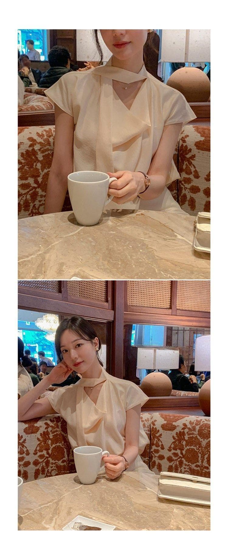 한국 동대문 새로운 품격 네클라인 레이스업 흔들다 칼라 몸매 가꾸기 디스플레이 몸 새틴 편안함 반팔 셔츠 티셔츠 상세 이미지 19