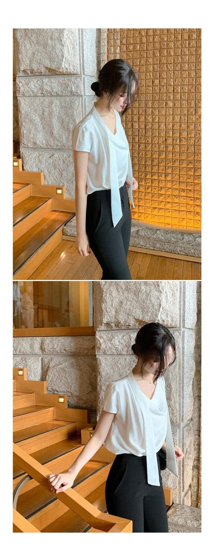 한국 동대문 새로운 품격 네클라인 레이스업 흔들다 칼라 몸매 가꾸기 디스플레이 몸 새틴 편안함 반팔 셔츠 티셔츠 상세 이미지 34