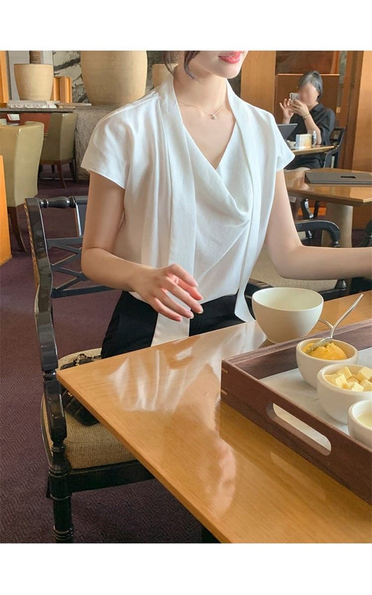 한국 동대문 새로운 품격 네클라인 레이스업 흔들다 칼라 몸매 가꾸기 디스플레이 몸 새틴 편안함 반팔 셔츠 티셔츠 상세 이미지 35