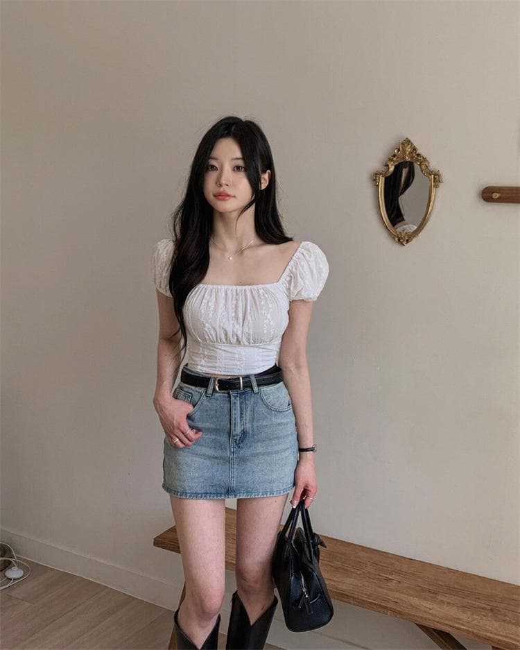 한국 동대문 새로운 품격 광장 칼라 레트로 몸매 가꾸기 쇼트 스타일 디스플레이 몸 다용도 반팔 셔츠 티셔츠 여성 상세 이미지 17