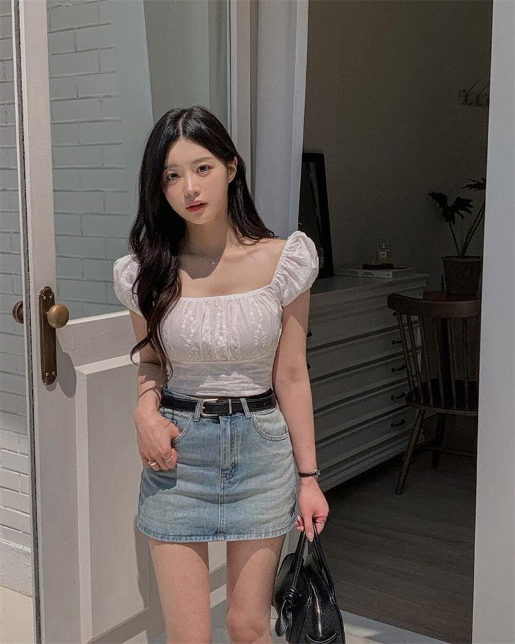 한국 동대문 새로운 품격 광장 칼라 레트로 몸매 가꾸기 쇼트 스타일 디스플레이 몸 다용도 반팔 셔츠 티셔츠 여성 상세 이미지 22