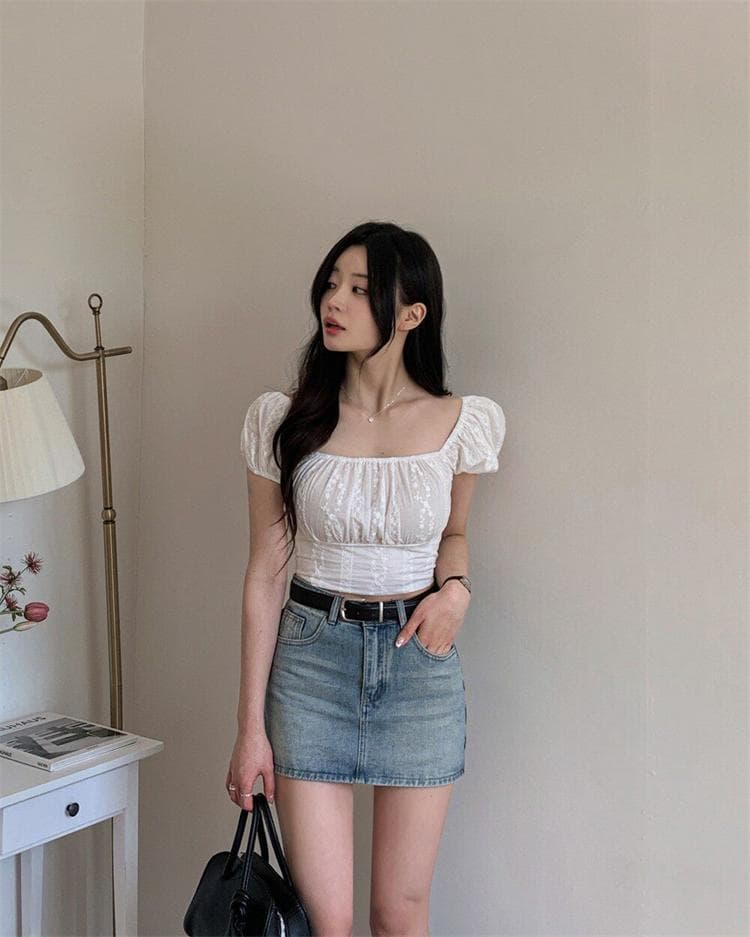 한국 동대문 새로운 품격 광장 칼라 레트로 몸매 가꾸기 쇼트 스타일 디스플레이 몸 다용도 반팔 셔츠 티셔츠 여성 상세 이미지 24