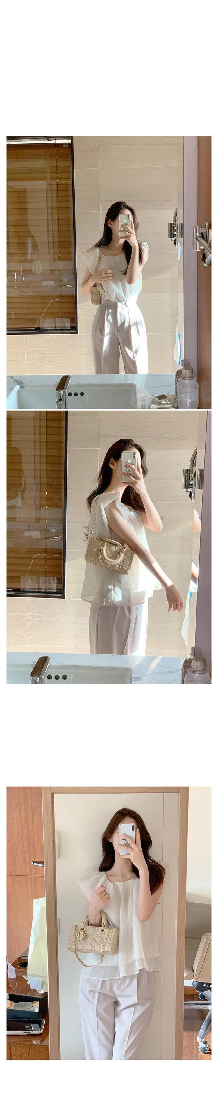 한국 동대문 새로운 품격 디자인 센스 라운드 넥 요정 가스 펄럭 이는 다용도 단색 반팔 쉬폰 셔츠 티셔츠 상세 이미지 13