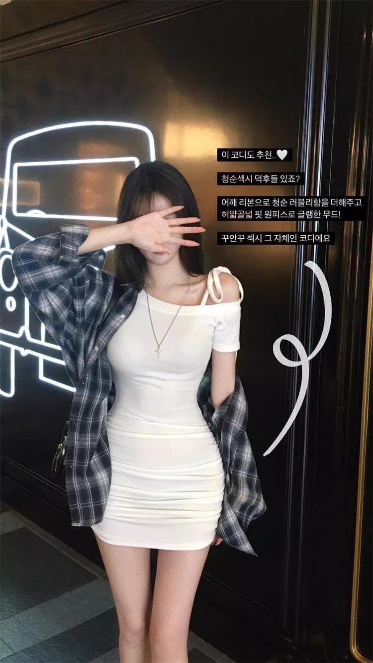 한국 동대문 새로운 품격 몸매 가꾸기 허리 수축 디스플레이 몸 비스듬한 칼라 오프숄더 디자인 센스 반팔 타이트 스커트 드레스 상세 이미지 2