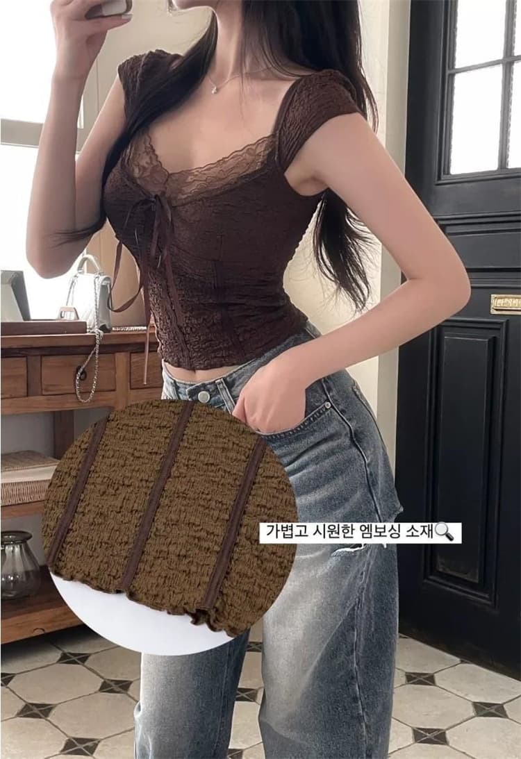 한국 동대문 새로운 품격 레이스 조각 쇼트 스타일 몸매 가꾸기 디스플레이 몸 레이스업 타이트 반팔 티셔츠 여성 상세 이미지 4
