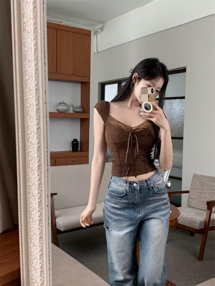 한국 동대문 새로운 품격 레이스 조각 쇼트 스타일 몸매 가꾸기 디스플레이 몸 레이스업 타이트 반팔 티셔츠 여성 상세 이미지 14