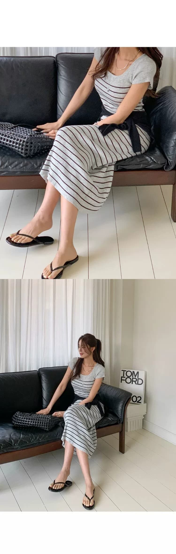 한국 동대문 새로운 품격 몸매 가꾸기 u 칼라 디스플레이 몸 다용도 중간 길이 스트라이프 니트 점프 슈트 롱 스커트 여성 상세 이미지 24