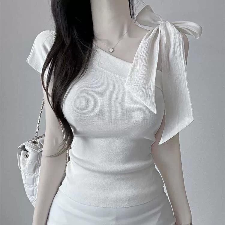 한국 동대문 새로운 품격 비스듬한 칼라 오프숄더 몸매 가꾸기 허리 수축 주름 디스플레이 몸 스트랩 니트 스웨터 티셔츠 여성 상세 이미지 4