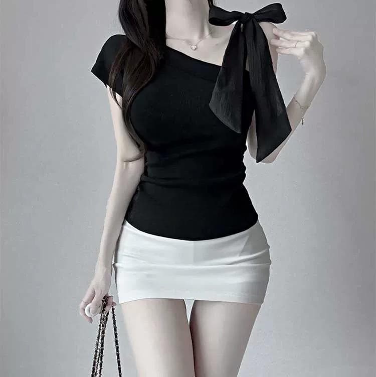 한국 동대문 새로운 품격 비스듬한 칼라 오프숄더 몸매 가꾸기 허리 수축 주름 디스플레이 몸 스트랩 니트 스웨터 티셔츠 여성 상세 이미지 13