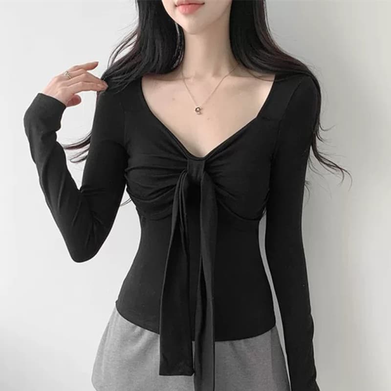 한국 동대문 새로운 품격 몸매 가꾸기 V넥 나비 매듭 스트랩 디스플레이 몸 다용도 긴팔 기본 셔츠 티셔츠 이미지 3