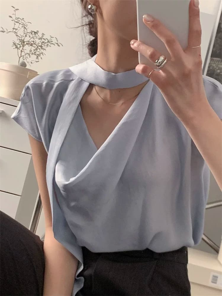 한국 동대문 새로운 품격 다용도 리본 스카프 칼라 얇은 스타일 마이크로 ~을 통해 민소매 흔들다 칼라 새틴 티셔츠 여성 상세 이미지 4