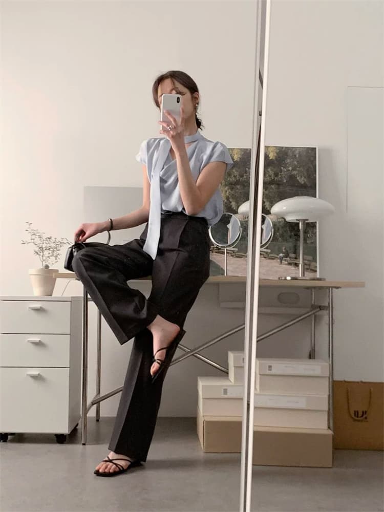 한국 동대문 새로운 품격 다용도 리본 스카프 칼라 얇은 스타일 마이크로 ~을 통해 민소매 흔들다 칼라 새틴 티셔츠 여성 상세 이미지 13